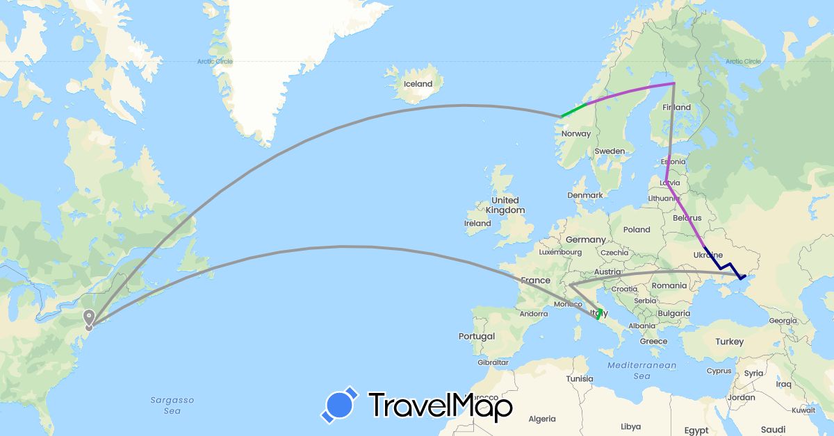 TravelMap itinerary: driving, bus, plane, train in Switzerland, Estonia, Finland, Italy, Latvia, Norway, Ukraine, United States (Europe, North America)